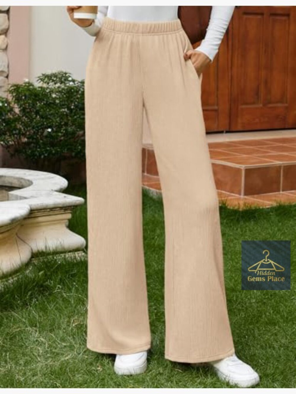 Wide Leg Palazzo Pants High Waisted Elastic Pleated Casual Trousers with Pockets - Picture 2 of 7